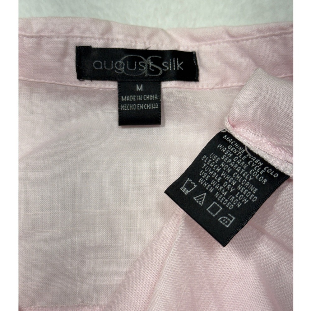 August Silk Womens M Pink 100% Linen Tunic Blouse Long Sleeve Roll Tab Pockets - Picture 3 of 7